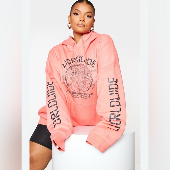 Pretty little thing orange worldwide slogan oversized hoodie - Picture 1 of 7